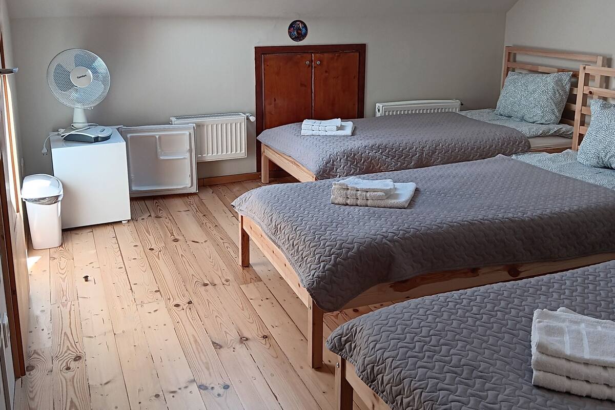 Une chambre avec deux lits, un puits de lumière, un radiateur, un ventilateur et un plancher en bois.