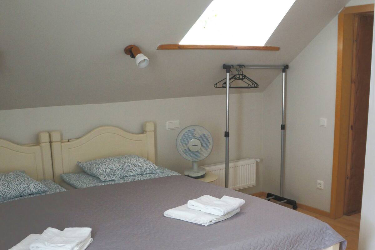 Une chambre à coucher avec un lit, une lucarne, un ventilateur et un radiateur.