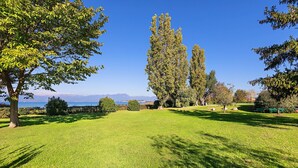 Un parque con un campo cubierto de césped, árboles y una vista distante de montañas y una masa de agua.