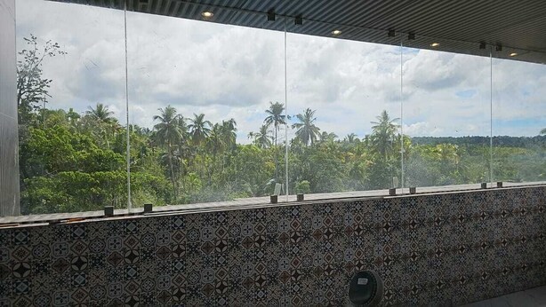 A room with a large window overlooking a tropical landscape with palm trees and a patterned tiled wall. - HOTEL KANGAROO (Ferrurgunj)
