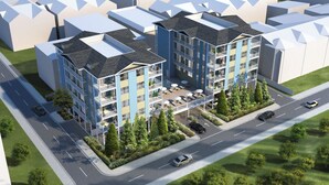 A modern apartment complex with multiple balconies, outdoor seating areas, and a landscaped garden. - Southview Condominiums unit 203 Wildwood Newest Building! With a private pool (Wildwood)