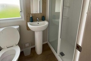 A bathroom with a toilet, a sink, and a glass shower enclosure.