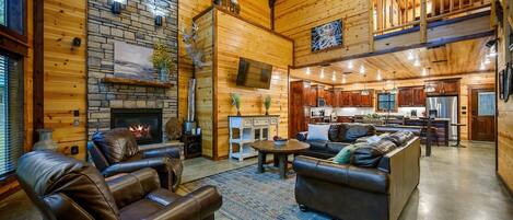 Televisión, chimenea, videojuegos, estéreo