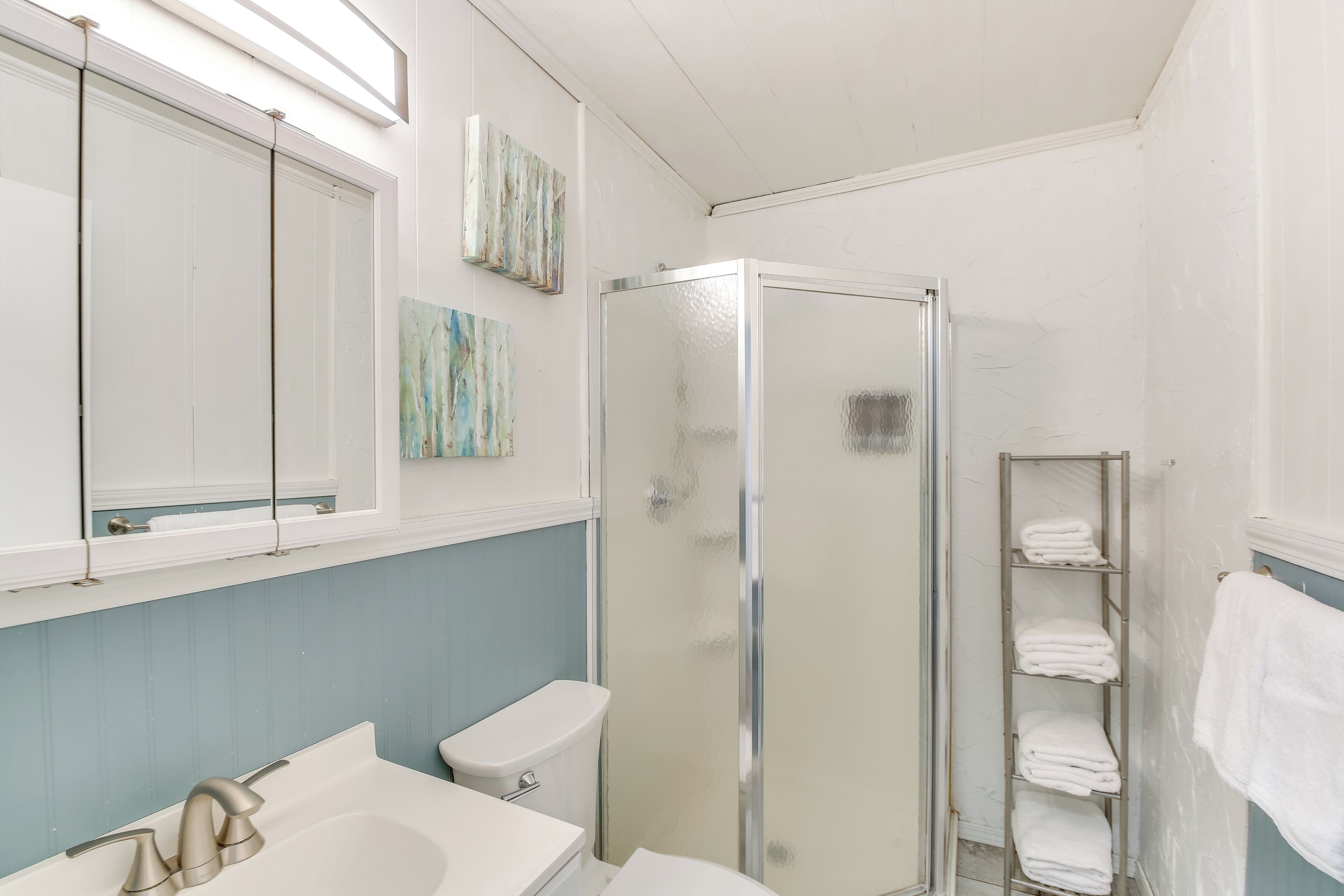 Une salle de bain avec une douche à parois de verre, un lavabo blanc et des toilettes.