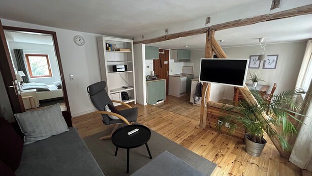 Un espace de vie compact comprenant un canapé, un fauteuil, un téléviseur posé sur un meuble en bois, une bibliothèque et un petit coin cuisine.