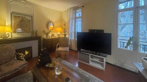 A living room with a fireplace, a television, and a large window with a view of trees. - Magnificent apartment with direct access to the Place des 9 Jets in CERET. (Céret)