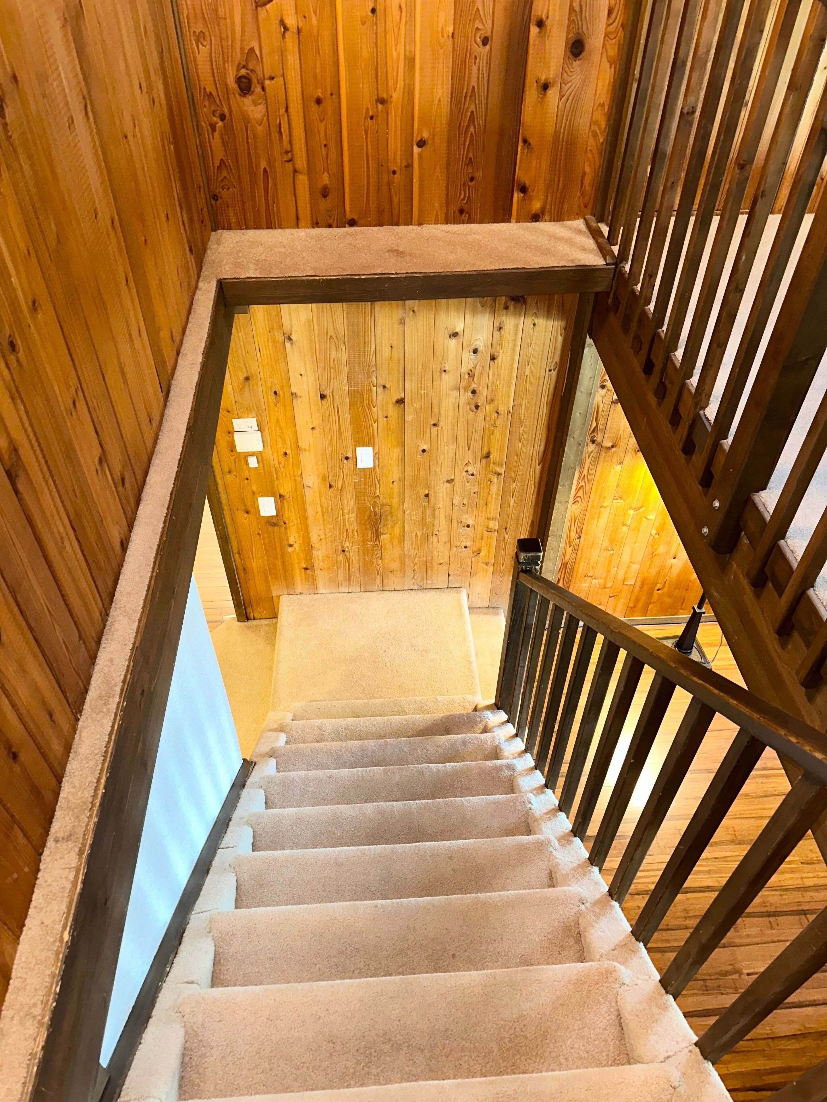 Eine Holztreppe mit Handlauf und Teppichstufen, die zu einer Ebene weiter unten führt.