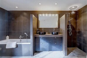 Chuveiro, secador de cabelo, toalhas de banho, papel higiênico