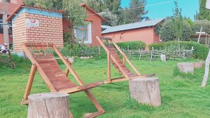 Une structure de toboggan en bois rustique, située dans une zone herbeuse, avec un bâtiment en briques en arrière-plan.
