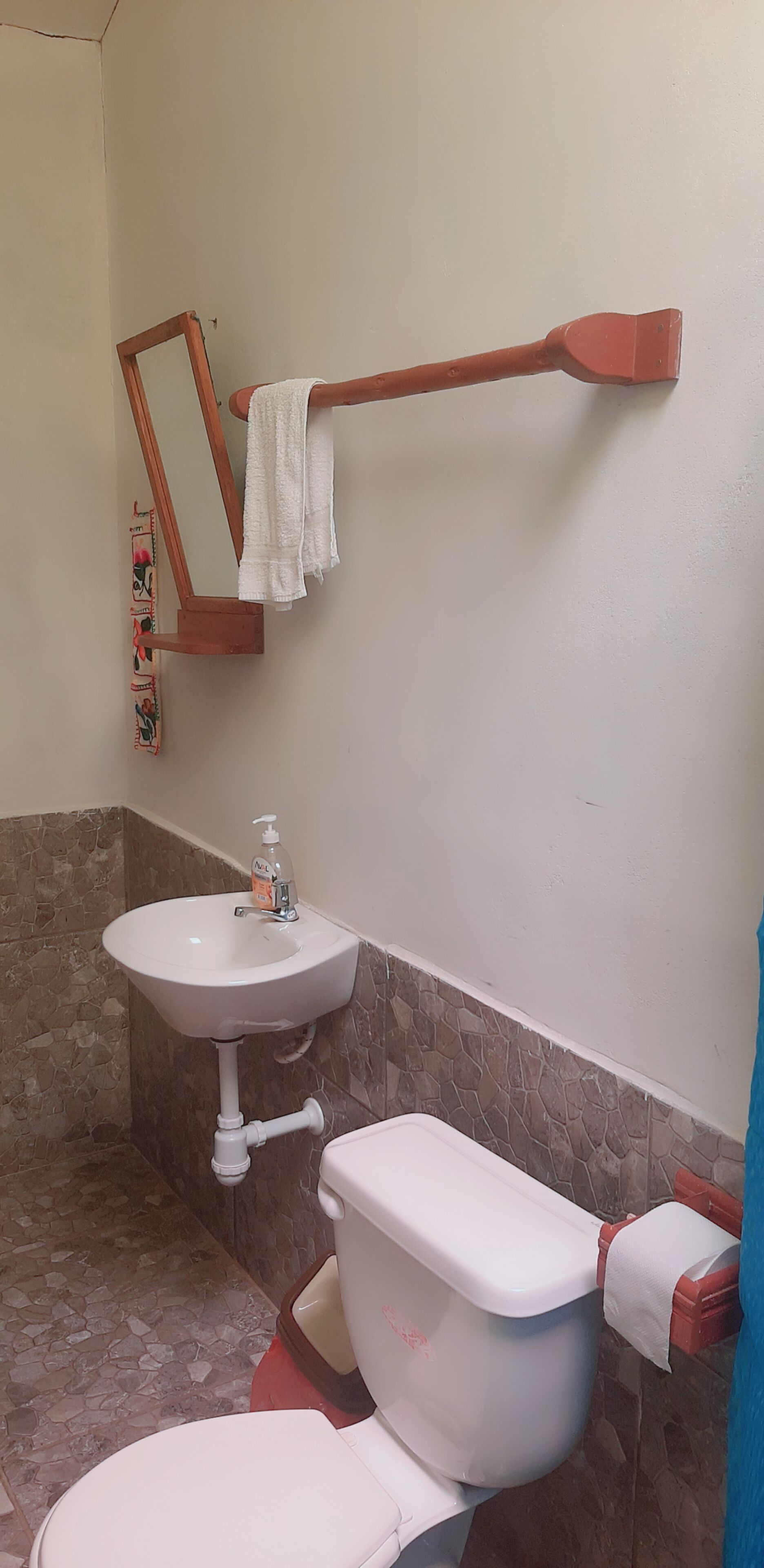 A bathroom with a white sink, a toilet, and a mirror.