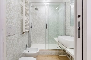 Regadera, secadora de cabello, bidet, toallas