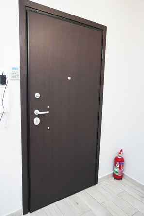 A dark wooden door with a handle and lock, a fire extinguisher, and a wall socket. - Athenian Petralona Suite (Athens)