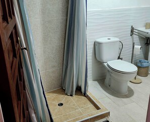 Un baño con inodoro, zona de ducha y un cubo de basura.