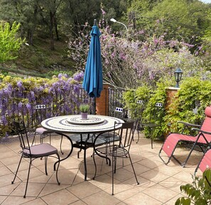 Outdoor dining - Tranquil apartment in an ancient Mas between the Pyrenees and the Mediterranean (Reynes)