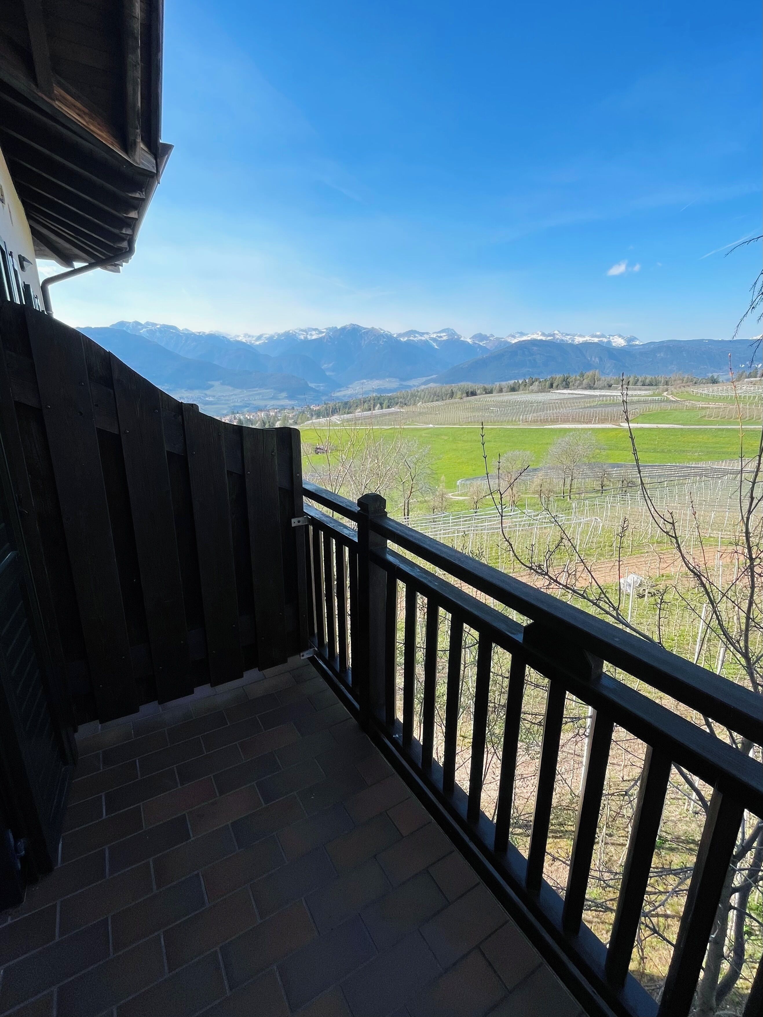 A balcony with a view of a green field and mountains.