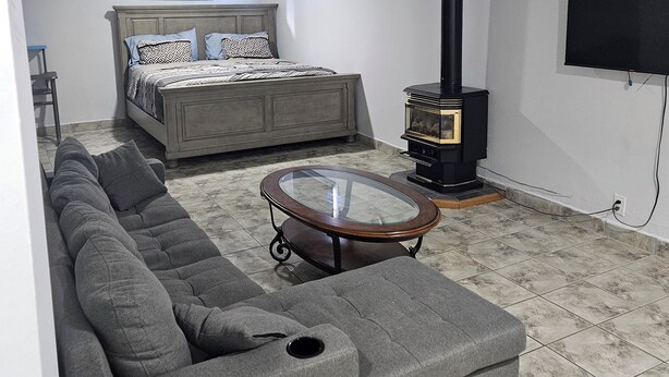A living room with a sofa, a bed, a fireplace, and a television.