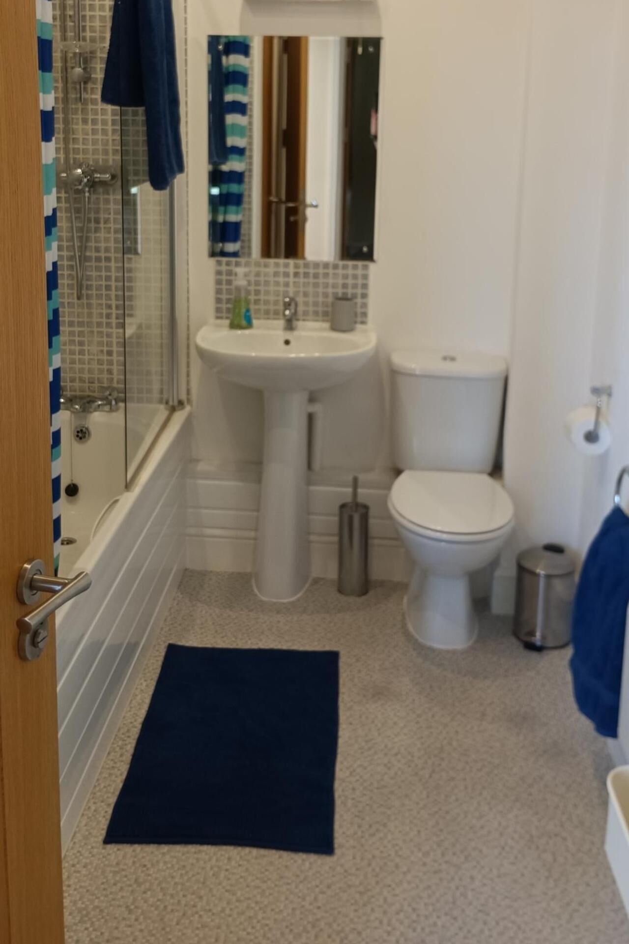 Um banheiro com chuveiro de vidro, pia de pedestal, vaso sanitário e tapete azul no chão.