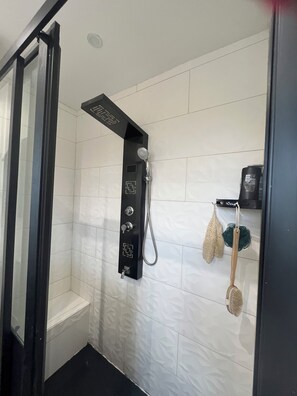 Shower, hair dryer, towels, soap