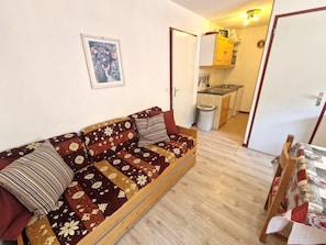 A compact living space with a sofa, a dining table, and a kitchen area.