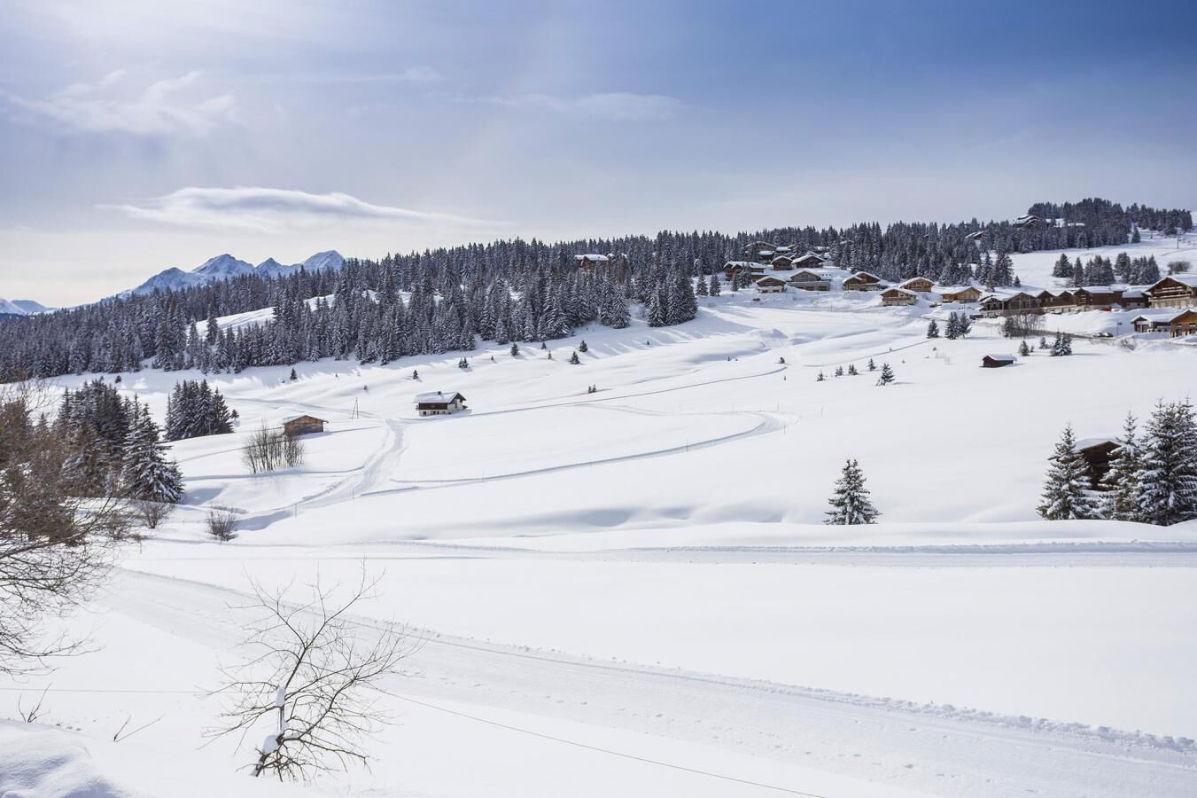 A snow-covered ski resort with multiple lodges, ski trails, and a mountain backdrop.