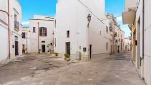 A narrow street with white buildings, a paved ground, and a small garden area.
