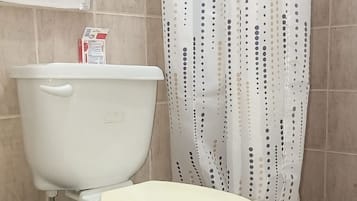 Chuveiro, toalhas de banho, sabonete, papel higiênico
