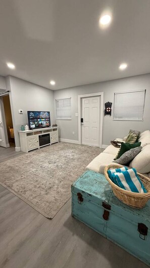 Smart TV, fireplace, ping pong, books