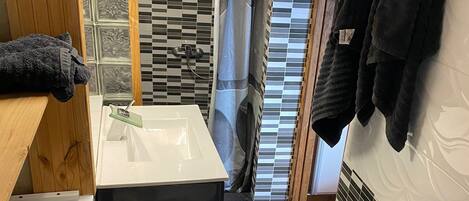 Shower, hair dryer, bidet, towels