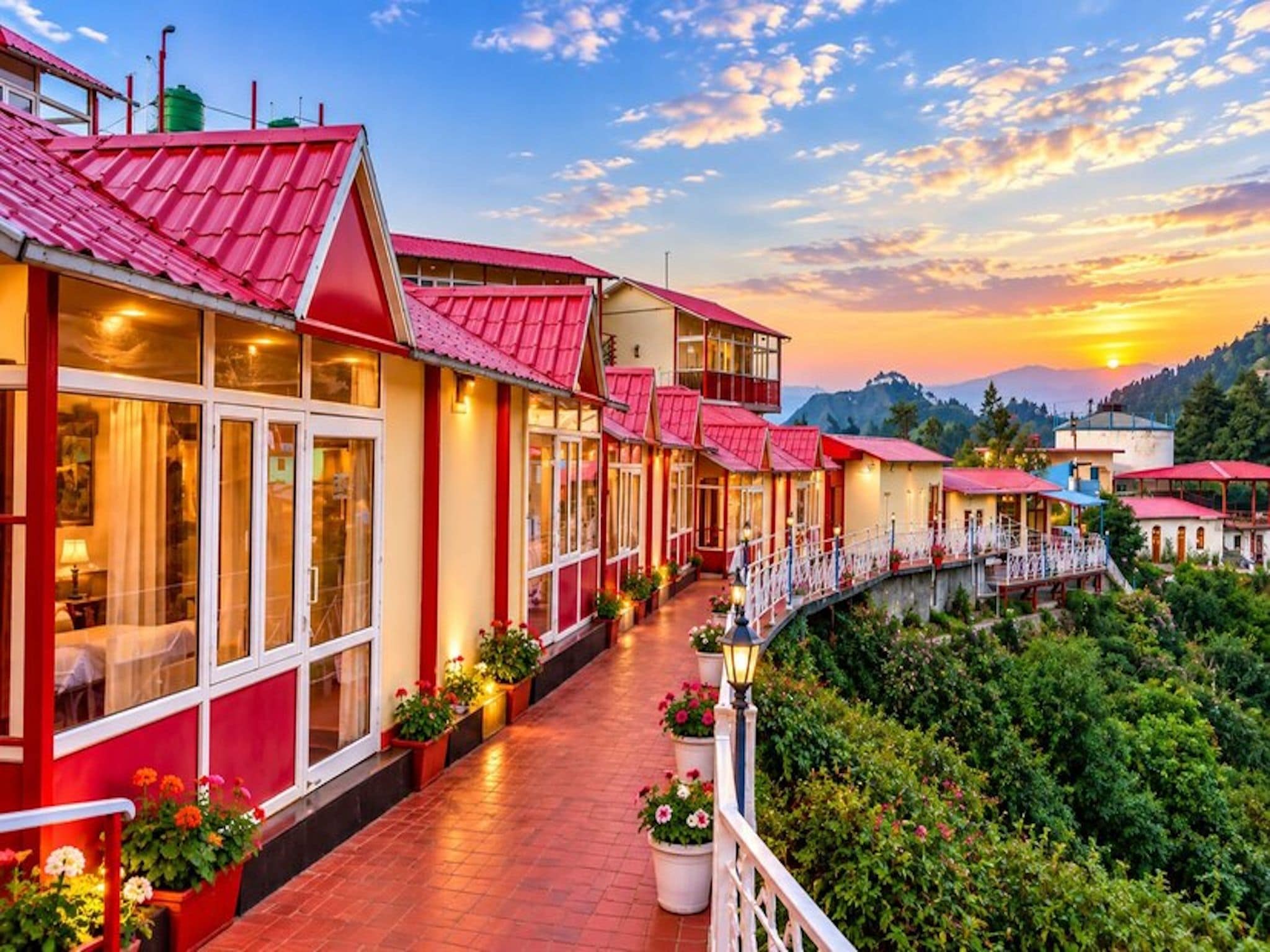 A hotel with a red roof, a covered walkway, and a view of the mountains.