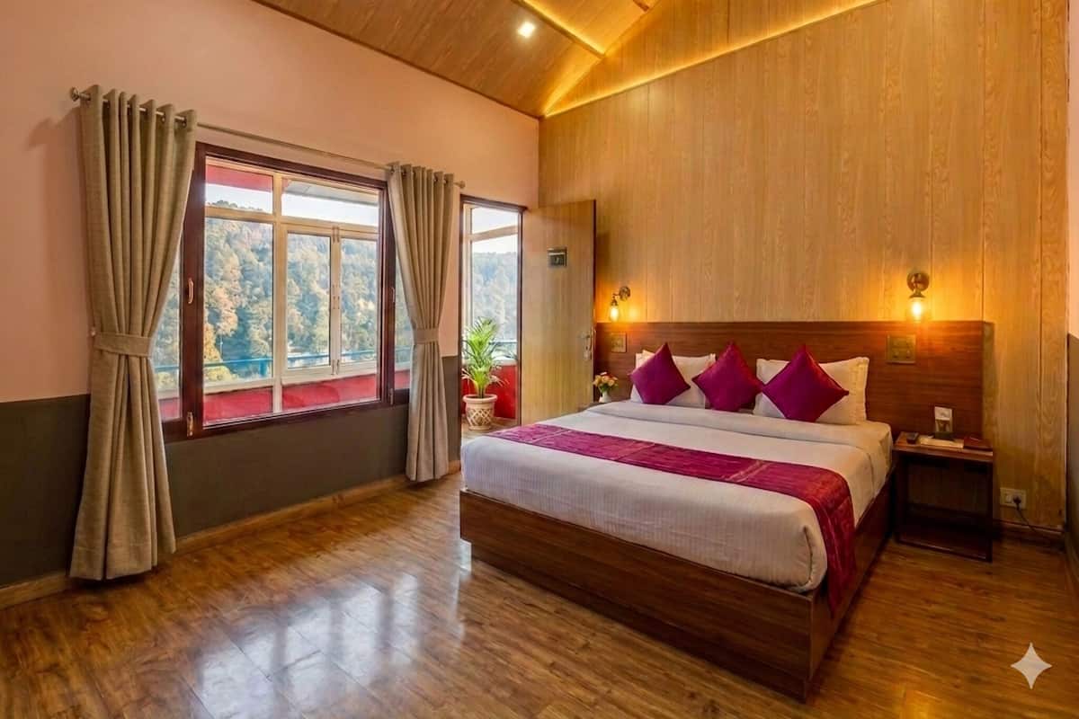 A hotel room with a wooden ceiling, a large bed with a headboard, a nightstand, and a window with curtains.
