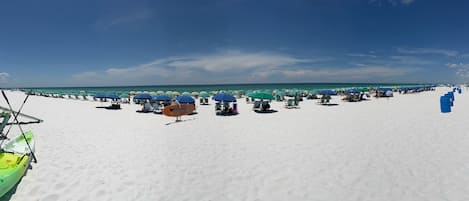 On the beach, sun-loungers, beach towels