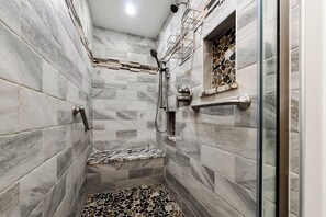Hair dryer, towels, soap, toilet paper