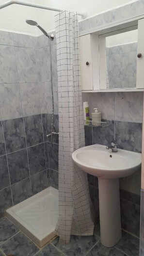 Badkamer | Een douche, een haardroger, handdoeken, zeep