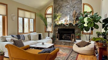 Smart TV, fireplace, video games, DVD player
