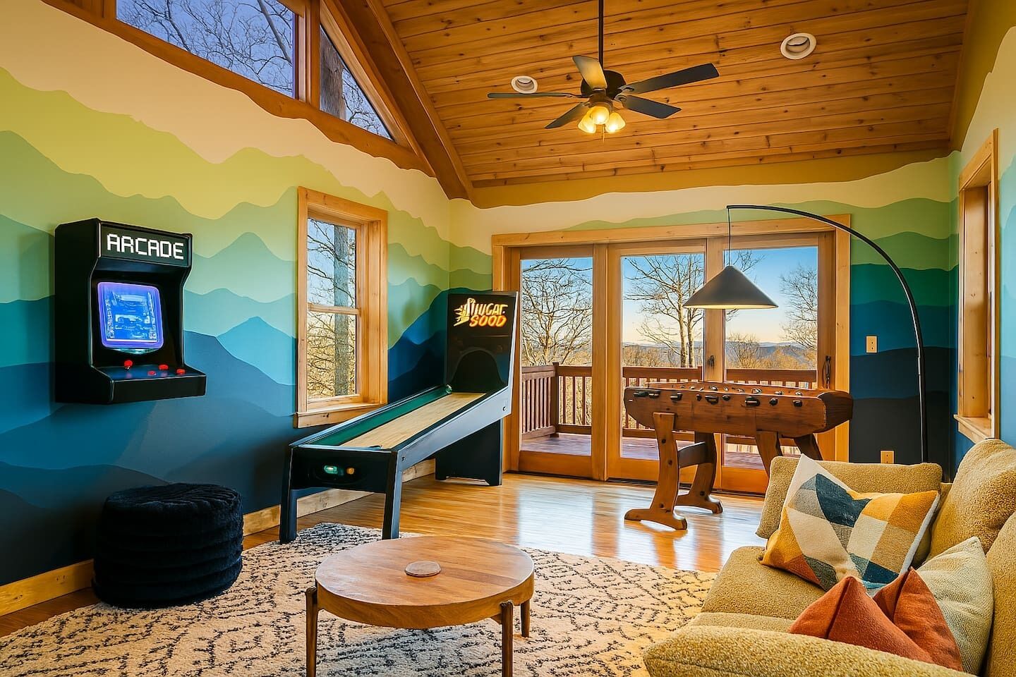 Älytelevisio, takka, pöytäjalkapallopöytä, kirjoja