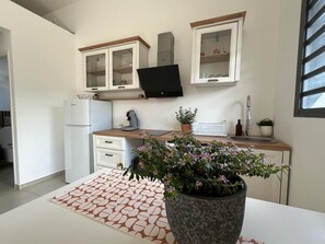 Fridge, microwave, stovetop, coffee/tea maker