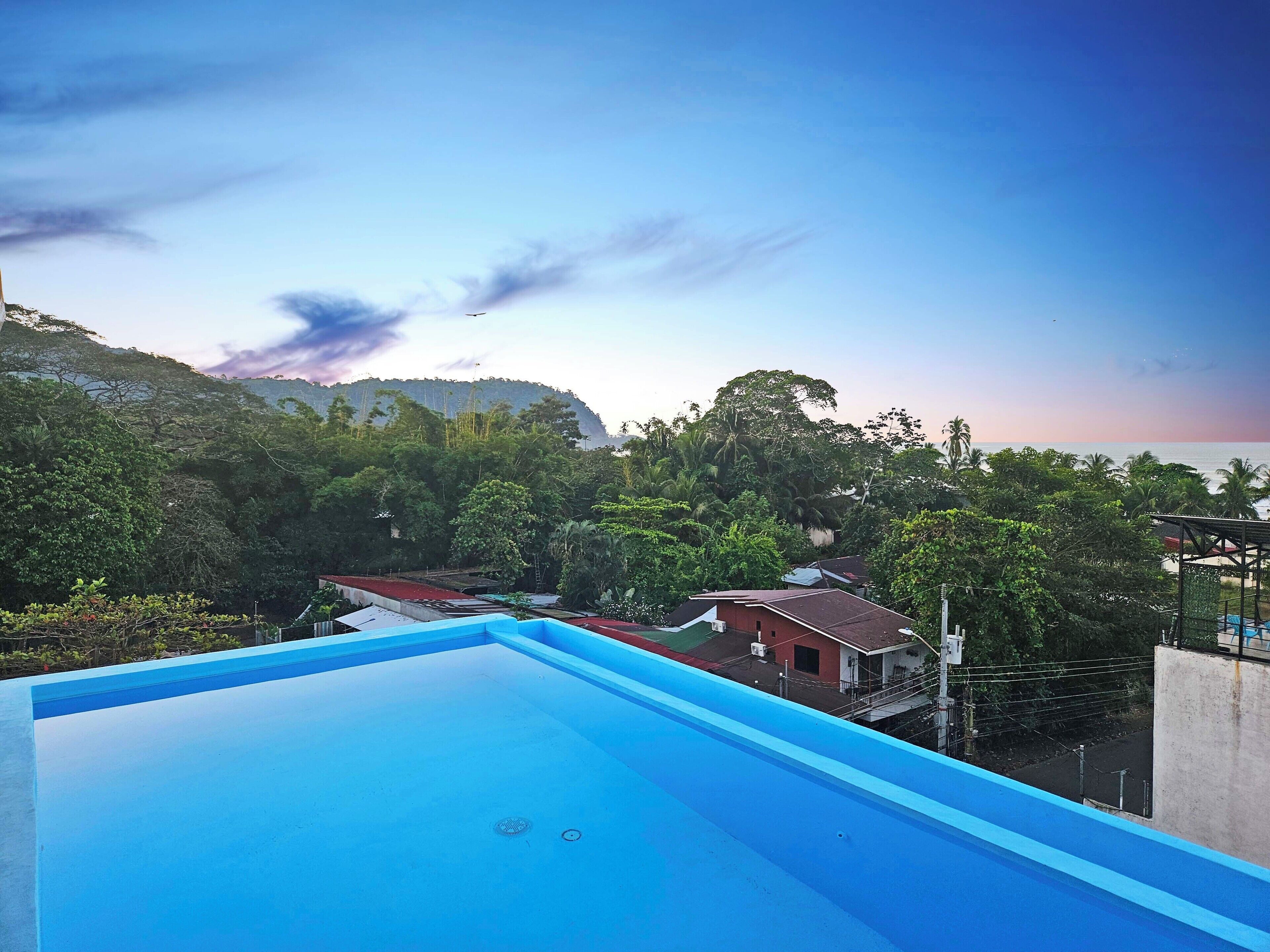 A rooftop pool with a view of a coastal area, surrounded by lush greenery and a mountain in the background.