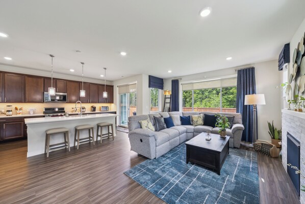 Smart TV, fireplace, books