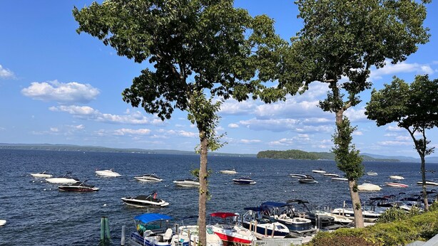 A marina with boats docked, surrounded by trees and a clear sky. - Lake Access-Pool-Beach-Tennis-Fireplace-Sunroom (Gilford)