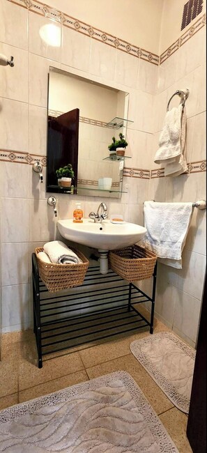 Shower, hair dryer, towels, soap