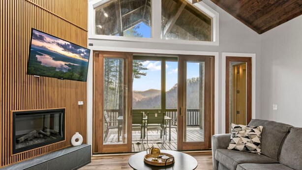 A modern living room with a fireplace, a television, and a sofa. - Mountain Hideaway, Grill, and Sunset Views! (Sylva)