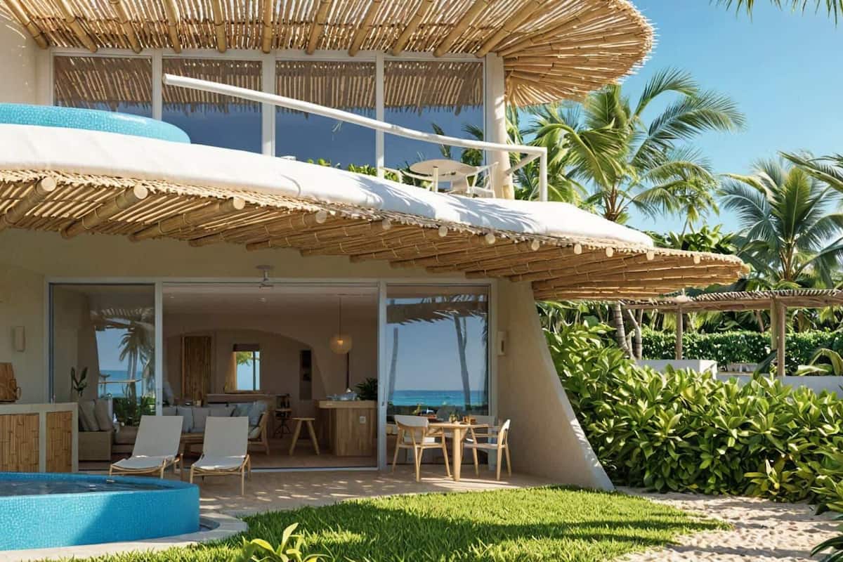A resort with a pool, outdoor seating, and a view of the ocean.
