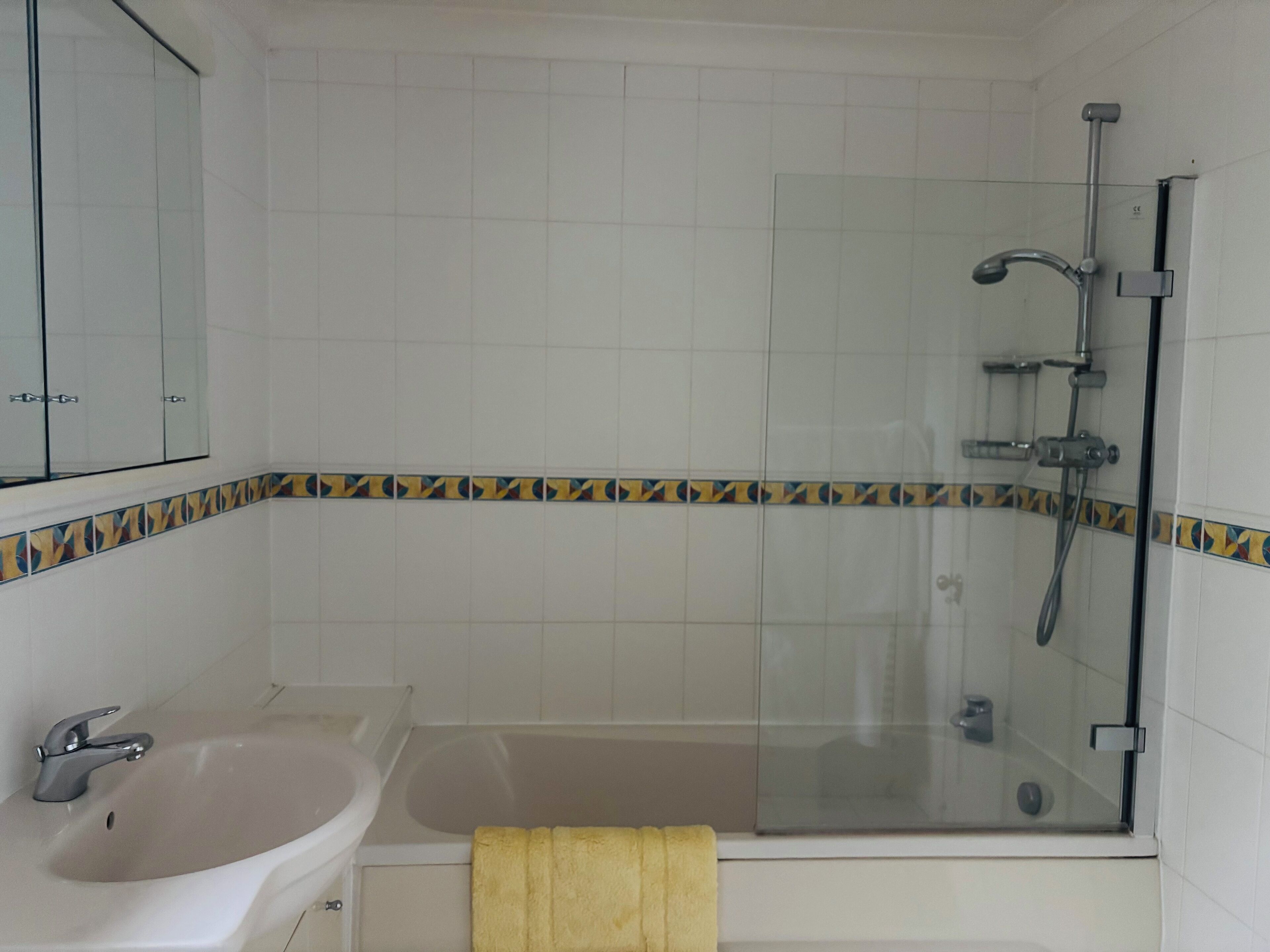 Une salle de bain avec une baignoire, un lavabo, un miroir et une douche.