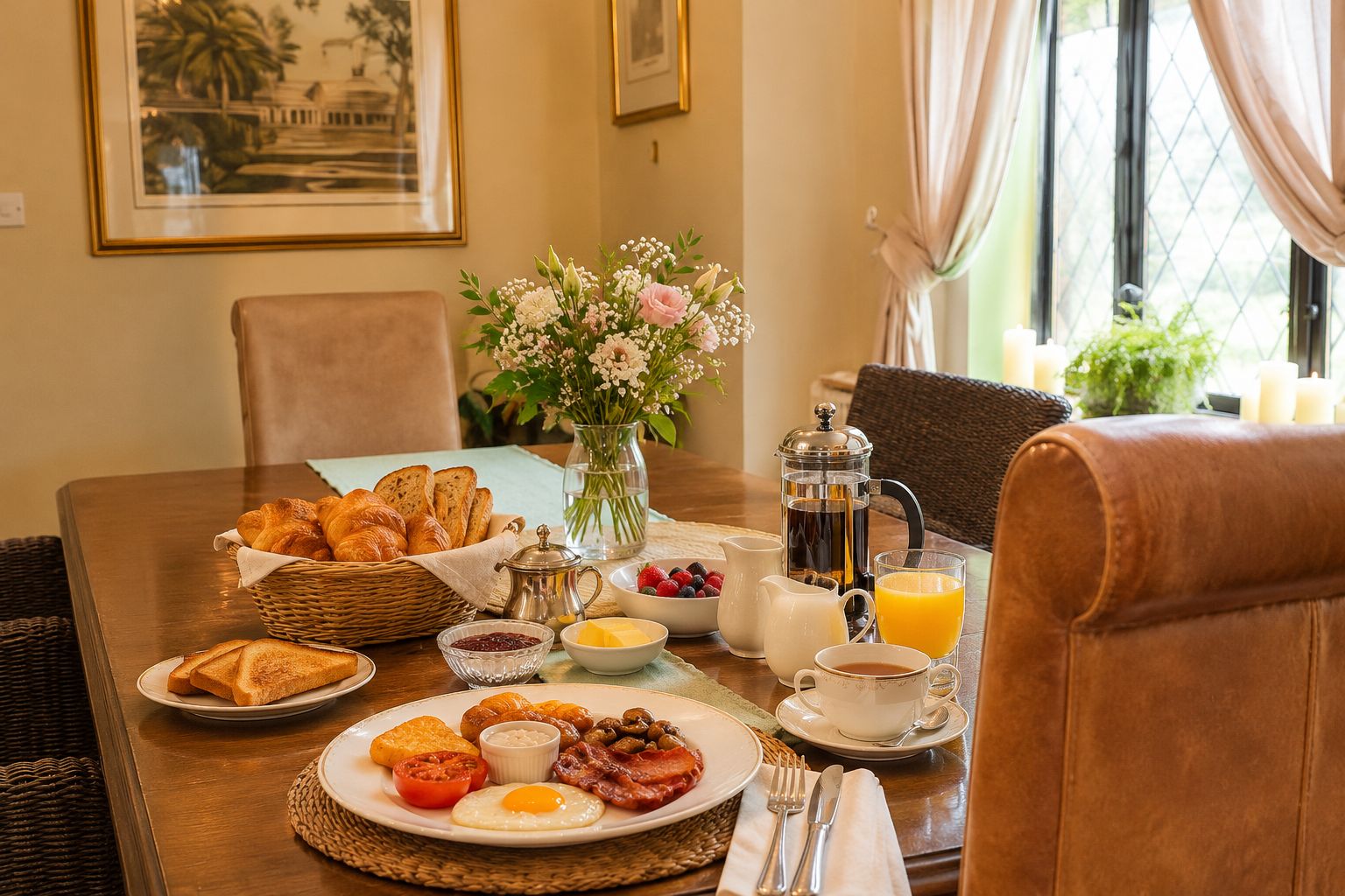 A breakfast setting with croissants, eggs, bacon, toast, and fruit on a table.