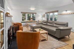 Smart TV, fireplace, books