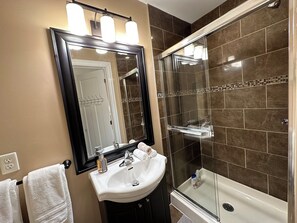 Shower, jetted tub, hair dryer, towels