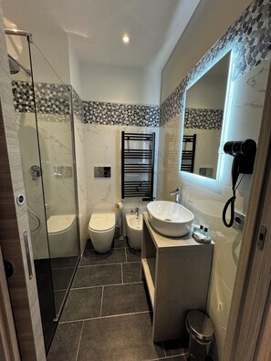Hair dryer, towels, soap, shampoo