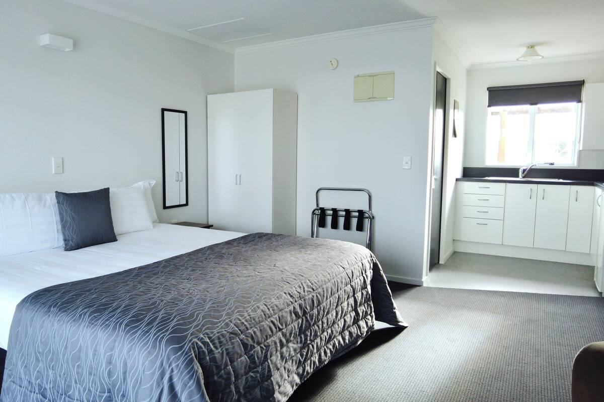 A hotel room with a bed, a wardrobe, a bathroom, and a kitchenette.