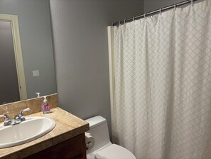 Hair dryer, towels, soap, toilet paper