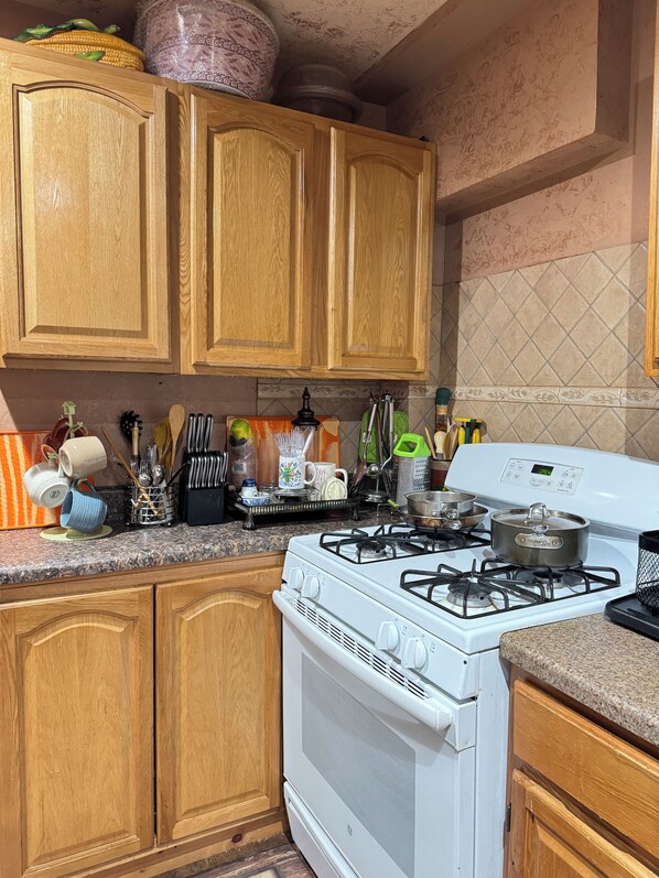 Fridge, oven, stovetop, cookware/dishes/utensils